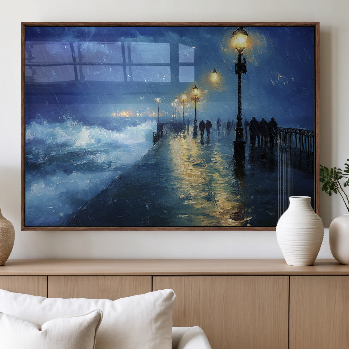 94571-MGV-FP-36X24-3P_Walnut-Seaside Night Wall Art – Ocean Waves and Street Lamps Canvas Print, Rainy City Pier Oil Painting Poster for Living Room, Bedroom,