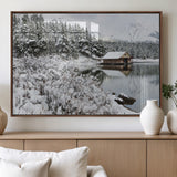 94285-MGV-FP-60X30-3P_Walnut-Snowy Cabin Wall Art Canvas Print, Framed Winter Cabin Art Picture Print, Mountain Lake Perfect Snowy Nature Decor Artwork