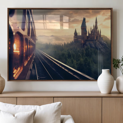 84029-MGV-FP-60X30-3P_Walnut-Fantasy Castle Wall Art – Magical Train Sunset Forest Canvas Print, Enchanted Landscape Painting Poster for Living Room, Bedroom,