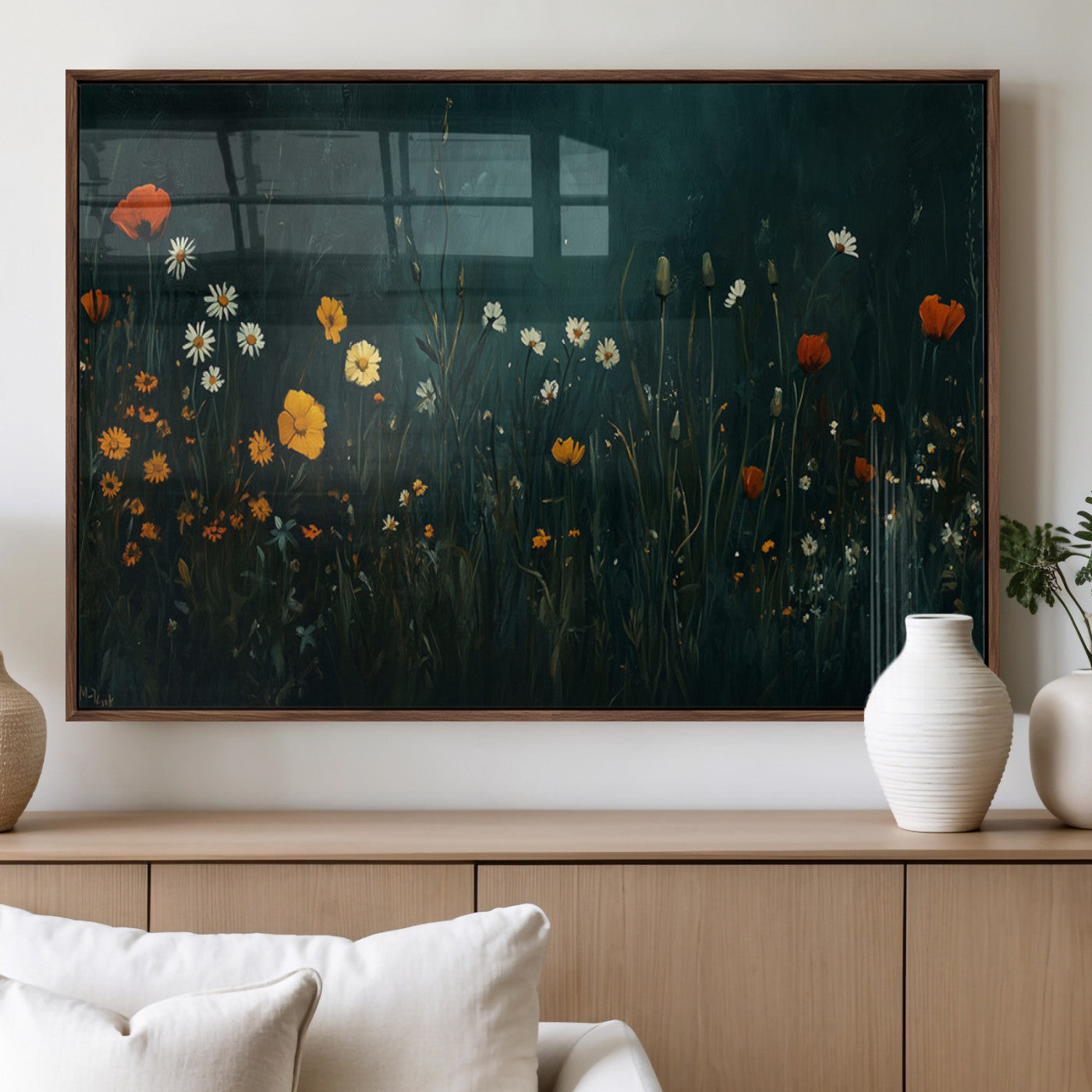 87037-MGV-FP-60X30-3P_Walnut-Wildflower Wall Art – Dark Botanical Floral Canvas Print, Modern Nature Painting Poster with Daisies Poppies Orange Flowers for
