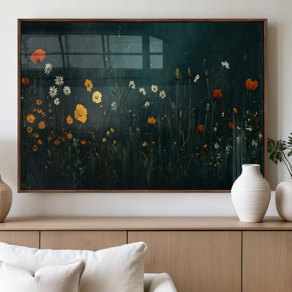 87037-MGV-FP-60X30-3P_Walnut-Wildflower Wall Art – Dark Botanical Floral Canvas Print, Modern Nature Painting Poster with Daisies Poppies Orange Flowers for