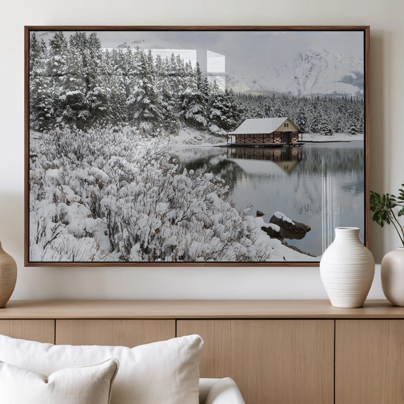 29975-MGV-FP-36X24-3P_Walnut-Winter Cabin by the Lake Wall Art – Snowy Mountain Landscape Canvas Print, Rustic Lodge Cabin Decor for Cozy Living Room, Bedroom