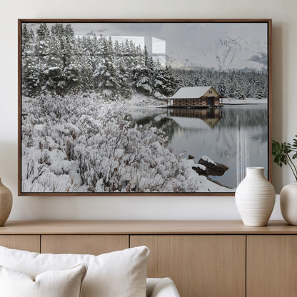29975-MGV-FP-36X24-3P_Walnut-Winter Cabin by the Lake Wall Art – Snowy Mountain Landscape Canvas Print, Rustic Lodge Cabin Decor for Cozy Living Room, Bedroom