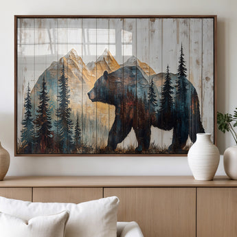 90077-MGV-FP-60X30-3P_Walnut-Wood Grizzly Bear Wall Art Canvas Print, Framed Abstract Bear Art Picture Print, Bear in Forest Perfect Rustic Lodge Decor Artwork