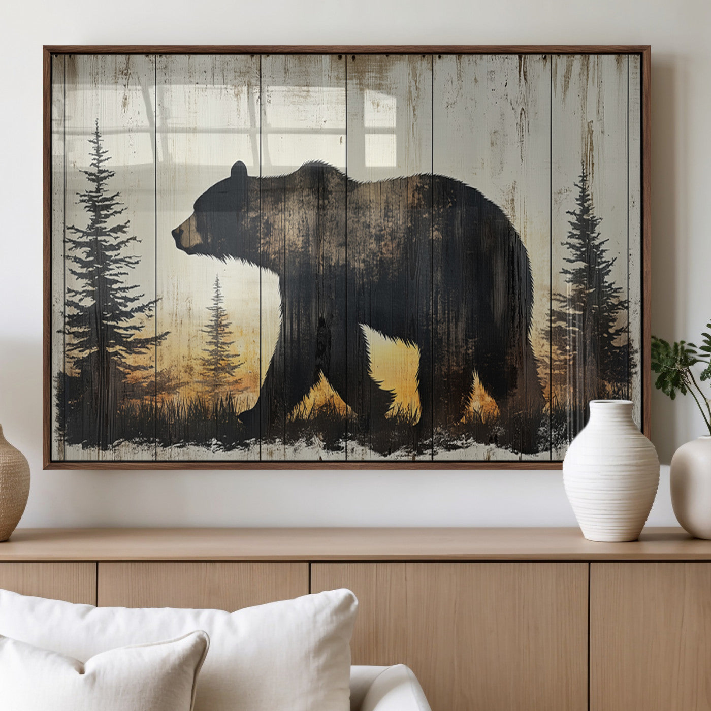 83875-MGV-FP-60X30-3P_Walnut-Sunset Bear Wall Art – Rustic Wildlife Canvas Print with Forest Silhouette, Cabin Lodge Decor for Living Room or Office