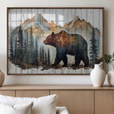 55777-MGV-FP-60X30-3P_Walnut-Rustic Bear Wall Art Canvas Print, Framed Mountain and Forest Art Picture Print, Wooden Bear Perfect Rustic Lodge Decor Artwork