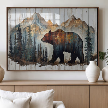 55777-MGV-FP-60X30-3P_Walnut-Rustic Bear Wall Art Canvas Print, Framed Mountain and Forest Art Picture Print, Wooden Bear Perfect Rustic Lodge Decor Artwork