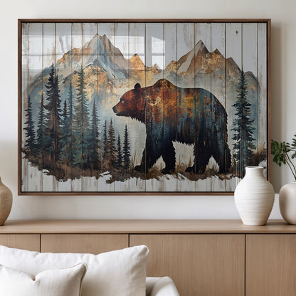55777-MGV-FP-60X30-3P_Walnut-Rustic Bear Wall Art Canvas Print, Framed Mountain and Forest Art Picture Print, Wooden Bear Perfect Rustic Lodge Decor Artwork
