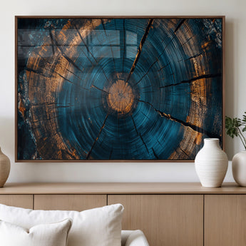 65231-MGV-FP-36X24-3P_Walnut-Blue and Gold Tree Ring Wall Art – Rustic Abstract Wood Slice Canvas Print, Modern Nature Inspired Artwork for Living Room,