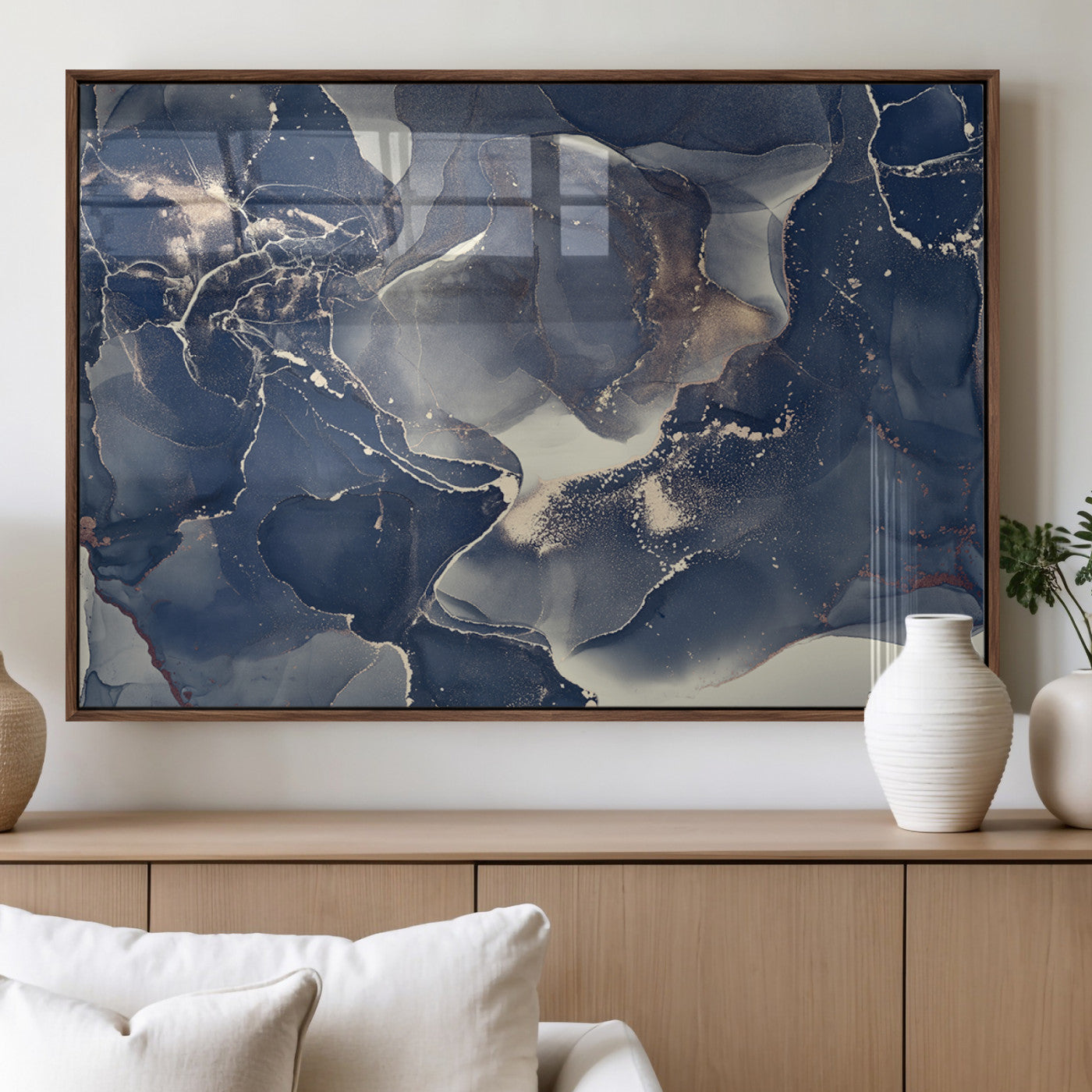 28282-MGV-FP-36X24-3P_Walnut-Blue Abstract Wall Art – Modern Ink Swirl Canvas Print, Contemporary Navy and Gold Painting for Living Room, Bedroom, Office or