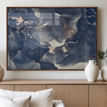 28282-MGV-FP-36X24-3P_Walnut-Blue Abstract Wall Art – Modern Ink Swirl Canvas Print, Contemporary Navy and Gold Painting for Living Room, Bedroom, Office or