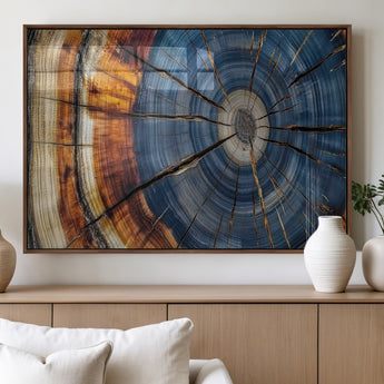 10583-MGV-FP-36X24-3P_Walnut-Tree Ring Wall Art – Abstract Wood Grain Canvas Print with Blue and Brown Tones, Nature Inspired Rustic Artwork for Living Room,