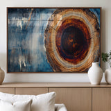 48045-MGV-FP-36X24-3P_Walnut-Tree Ring Abstract Wall Art – Rustic Wood Grain Canvas Print with Brown Center and Blue Brush Strokes, Nature Inspired Artwork for