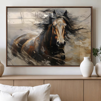 53001-MGV-FP-36X24-3P_Walnut-Wild Horse Wall Art – Majestic Stallion Canvas Print with Flowing Mane, Rustic Western Style Painting for Living Room, Office or
