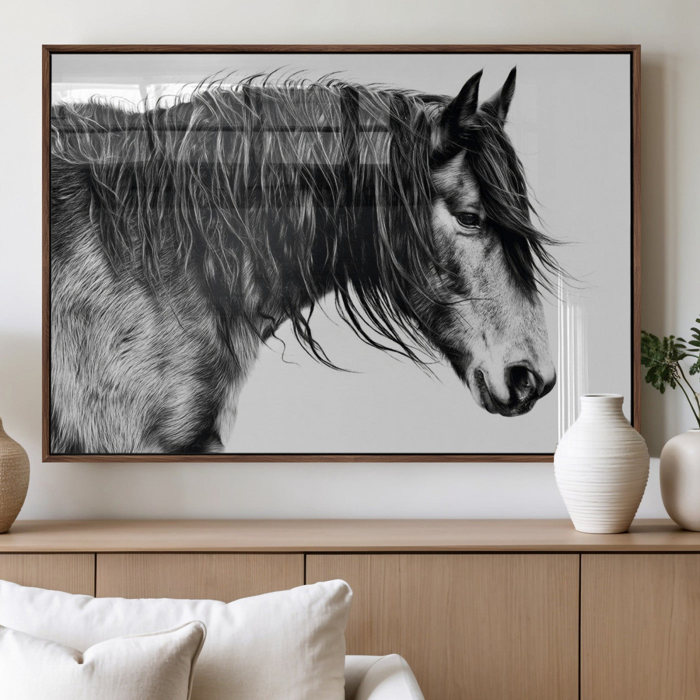 57694-MGV-FP-36X24-3P_Walnut-Horse Portrait Wall Art – Black and White Canvas Print with Detailed Stallion Profile, Rustic Farmhouse Equestrian Artwork for
