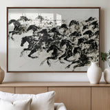 23069-MGV-FP-36X24-3P_Walnut-Galloping Horses Wall Art – Black Ink Painting on Canvas, Dynamic Equestrian Artwork with Running Stallions, Expressive Modern