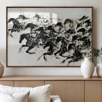 23069-MGV-FP-36X24-3P_Walnut-Galloping Horses Wall Art – Black Ink Painting on Canvas, Dynamic Equestrian Artwork with Running Stallions, Expressive Modern