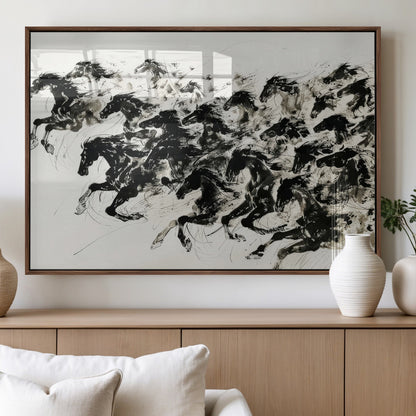 23069-MGV-FP-36X24-3P_Walnut-Galloping Horses Wall Art – Black Ink Painting on Canvas, Dynamic Equestrian Artwork with Running Stallions, Expressive Modern