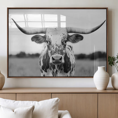 20272-MGV-FP-36X24-3P_Walnut-Texas Longhorn Wall Art – Black and White Cowboy Western Canvas Print, Rustic Farmhouse Cattle Photography Decor for Ranch, Barn