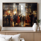 58782-MGV-FP-36X24-3P_Walnut-Jazz Musicians Cityscape Wall Art – Vibrant Urban Night Canvas Print, Elegant Music Themed Decor for Living Room, Office, or Music