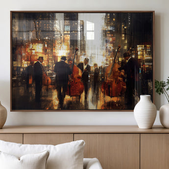 58782-MGV-FP-36X24-3P_Walnut-Jazz Musicians Cityscape Wall Art – Vibrant Urban Night Canvas Print, Elegant Music Themed Decor for Living Room, Office, or Music