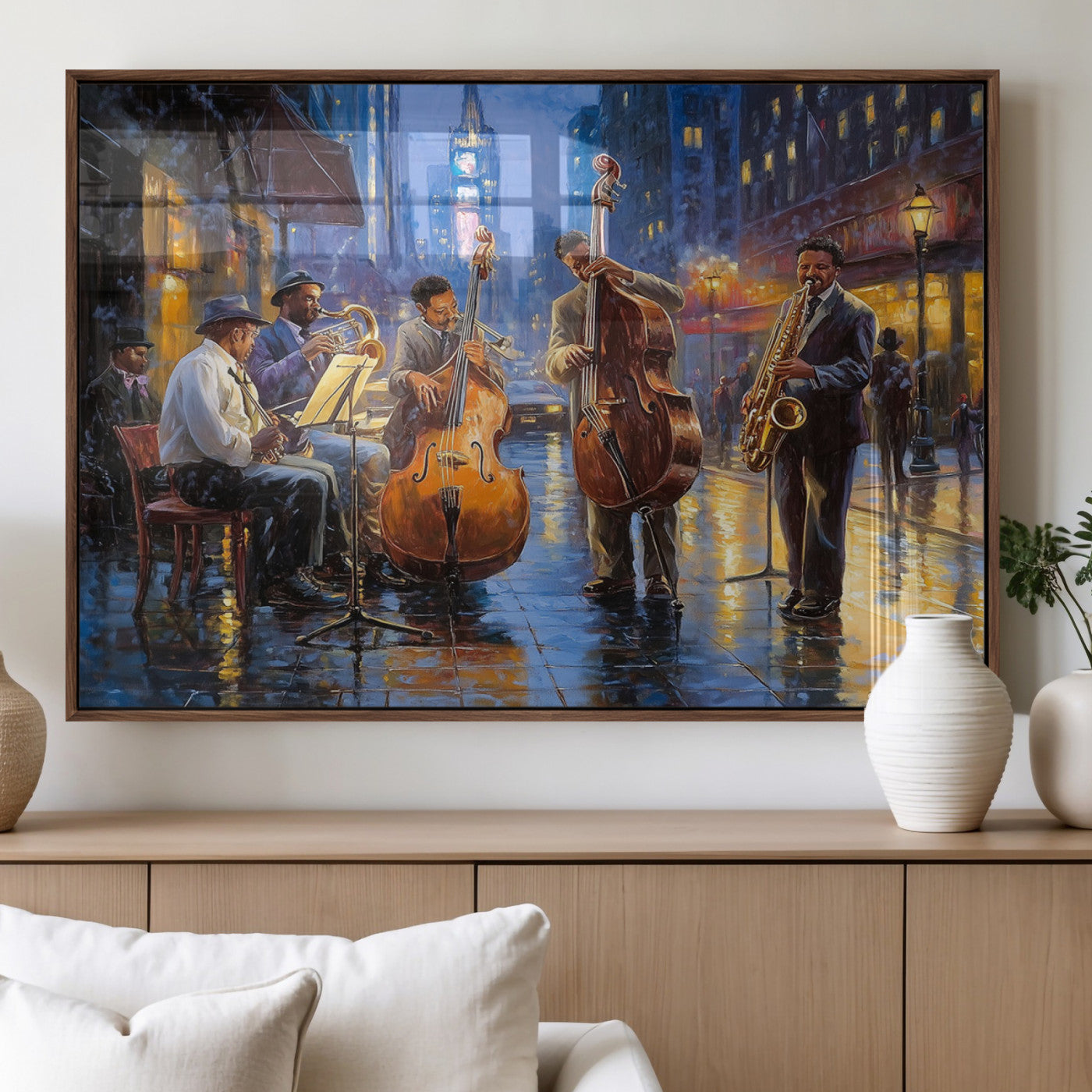 58694-MGV-FP-36X24-3P_Walnut-Jazz Street Band Wall Art – Colorful Music Canvas Print with Trumpet, Bass and Saxophone Players, Nightclub City Scene Artwork for