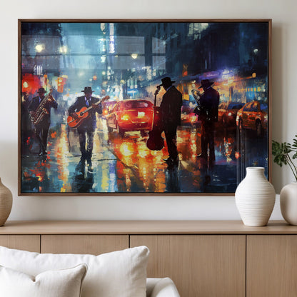 94605-MGV-FP-36X24-3P_Walnut-City Jazz Night Wall Art – Vibrant Music Canvas Print Featuring Saxophone, Guitar and Bass Players, Urban Street Scene Artwork for