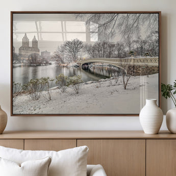 60292-MGV-FP-36X24-3P_Walnut-Central Park Winter Wall Art – Snowy Bow Bridge Canvas Print, Scenic New York City Landscape Photography for Living Room, Bedroom
