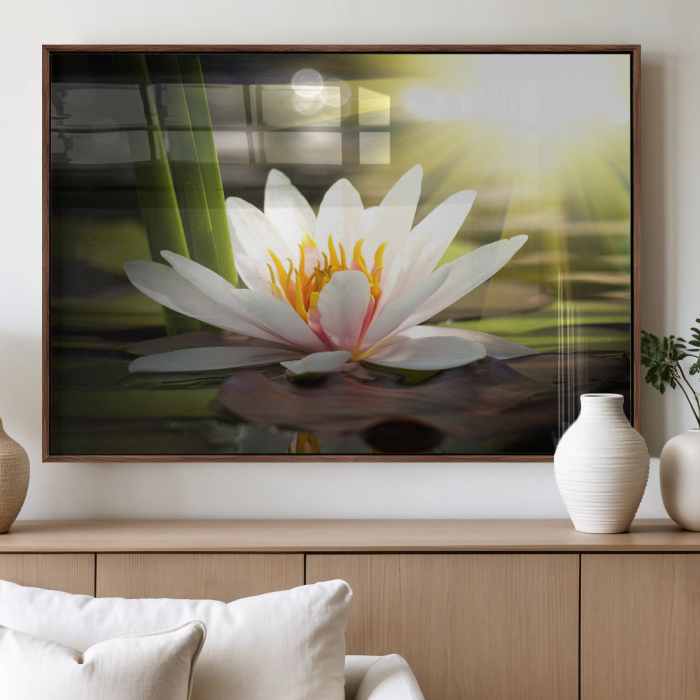 40478-MGV-FP-36X24-3P_Walnut-Water Lily Wall Art – White Lotus Flower Canvas Print with Sunlight Reflection, Serene Botanical Artwork for Living Room, Bedroom,