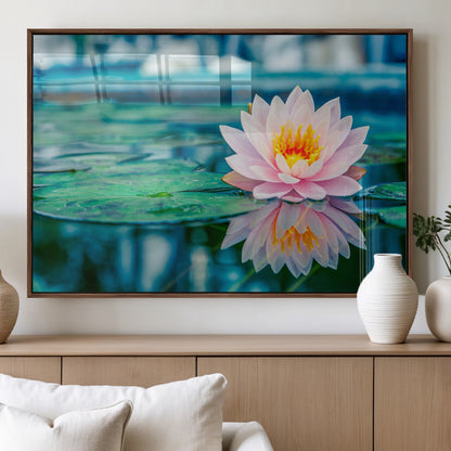 65933-MGV-FP-36X24-3P_Walnut-Pink Water Lily Wall Art – Lotus Flower Canvas Print with Reflection on Calm Water, Peaceful Botanical Artwork for Living Room,
