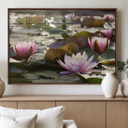 72218-MGV-FP-36X24-3P_Walnut-Water Lily Pond Wall Art – Pink Lotus Flowers Canvas Print with Green Lily Pads, Peaceful Botanical Artwork for Living Room,