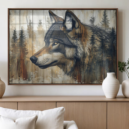91882-MGV-FP-36X24-3P_Walnut-Wolf Wall Art – Rustic Canvas Print of Forest Wolf on Wood Background, Wildlife Lodge Artwork for Living Room, Bedroom, Cabin, or