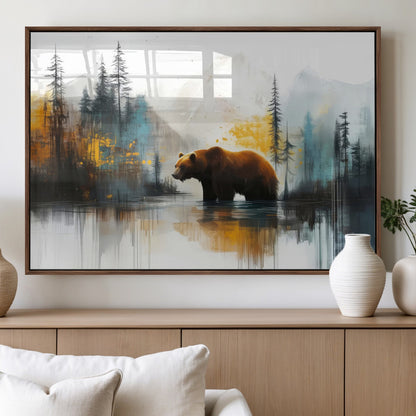 50308-MGV-FP-36X24-3P_Walnut-Bear Wilderness Wall Art – Mountain Forest Canvas Print, Rustic Cabin Decor with Wildlife Landscape, Nature Artwork for Lodge,
