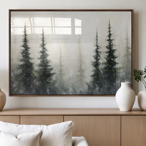 33241-MGV-FP-60X30-3P_Walnut-Misty Forest Wall Art Canvas Print, Framed Foggy Pines Art Picture Print, Forest Haze Perfect Rustic Minimalist Decor Artwork