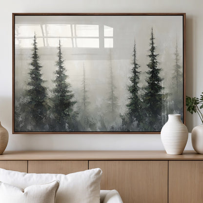 33241-MGV-FP-60X30-3P_Walnut-Misty Forest Wall Art Canvas Print, Framed Foggy Pines Art Picture Print, Forest Haze Perfect Rustic Minimalist Decor Artwork
