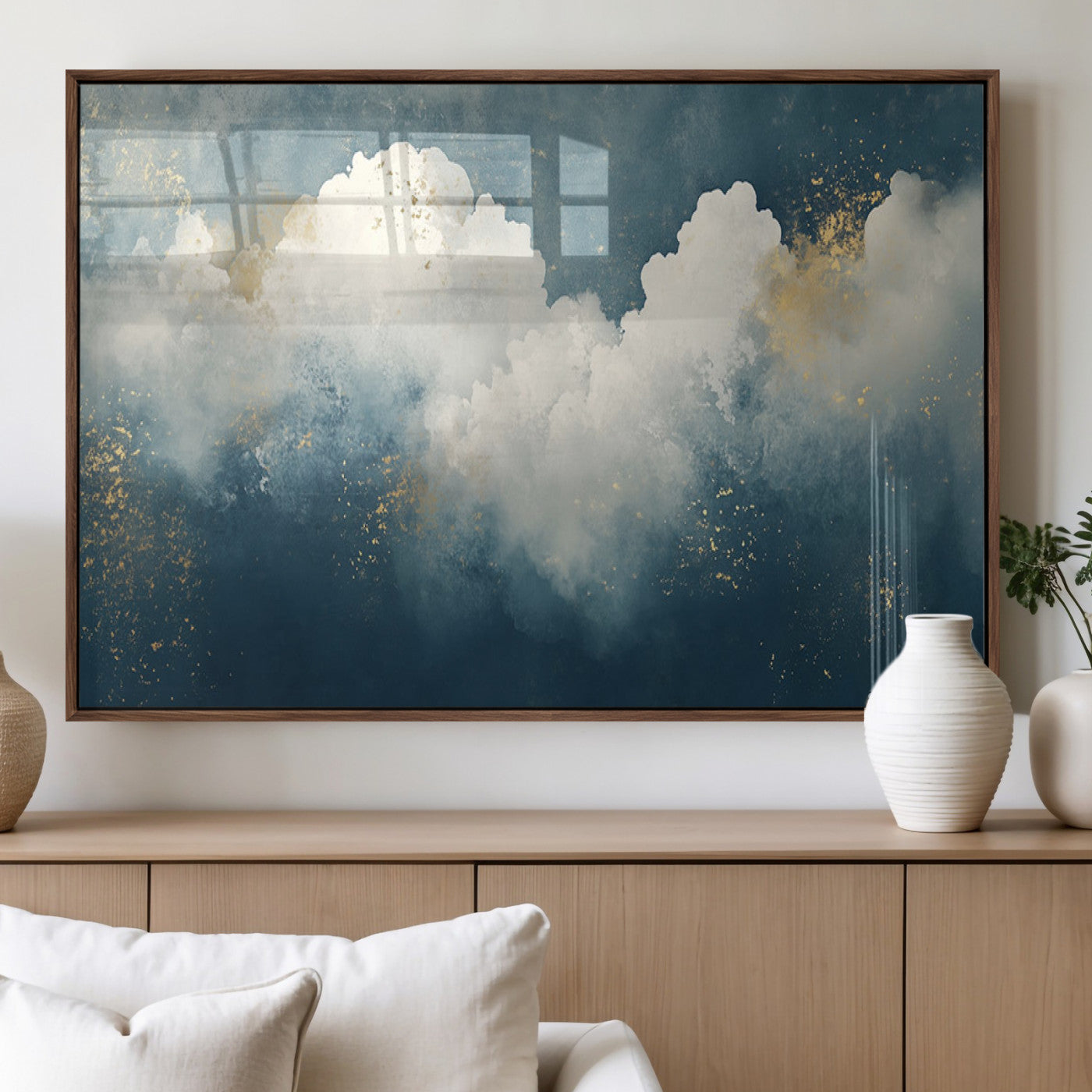 75131-MGV-FP-36X24-3P_Walnut-Abstract Cloud Wall Art – Modern Canvas Print Featuring Blue and White Clouds with Golden Accents, Contemporary Artwork for Living