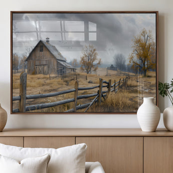 Farm1-MGV-FP-60X30-3P_Walnut-Rustic Autumn Farmhouse Wall Art – Serene Countryside Scene Canvas Print, Weathered Barn and Autumn Trees Decor for Living Room,
