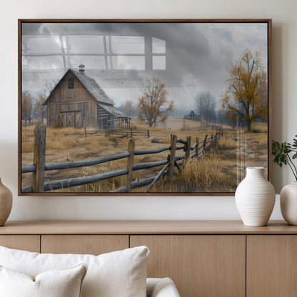 Farm1-MGV-FP-60X30-3P_Walnut-Rustic Autumn Farmhouse Wall Art – Serene Countryside Scene Canvas Print, Weathered Barn and Autumn Trees Decor for Living Room,