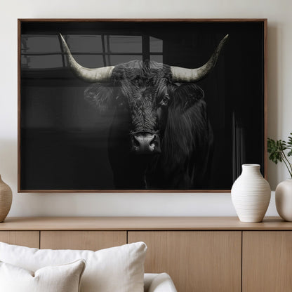 97914921-MGV-FP-36X24-3P_Walnut-Black Bull Wall Art Canvas Print, Framed Longhorn Bull Art Picture Print, Western Bull Perfect Monochrome Western Decor Artwork