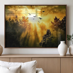13776802-MGV-FP-60X30-3P_Walnut-Golden Forest Wall Art Canvas Print, Framed Sunset Pines Art Picture Print, Flying Birds Perfect Nature Glow Decor Artwork