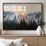56391411-MGV-FP-36X24-3P_Walnut-Misty Forest Wall Art Canvas Print, Framed Sunrise Pines Art Picture Print, Moody Pines Perfect Serene Woodland Decor Artwork