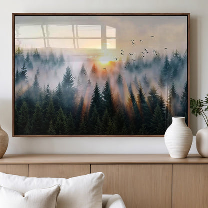 56391411-MGV-FP-36X24-3P_Walnut-Misty Forest Wall Art Canvas Print, Framed Sunrise Pines Art Picture Print, Moody Pines Perfect Serene Woodland Decor Artwork
