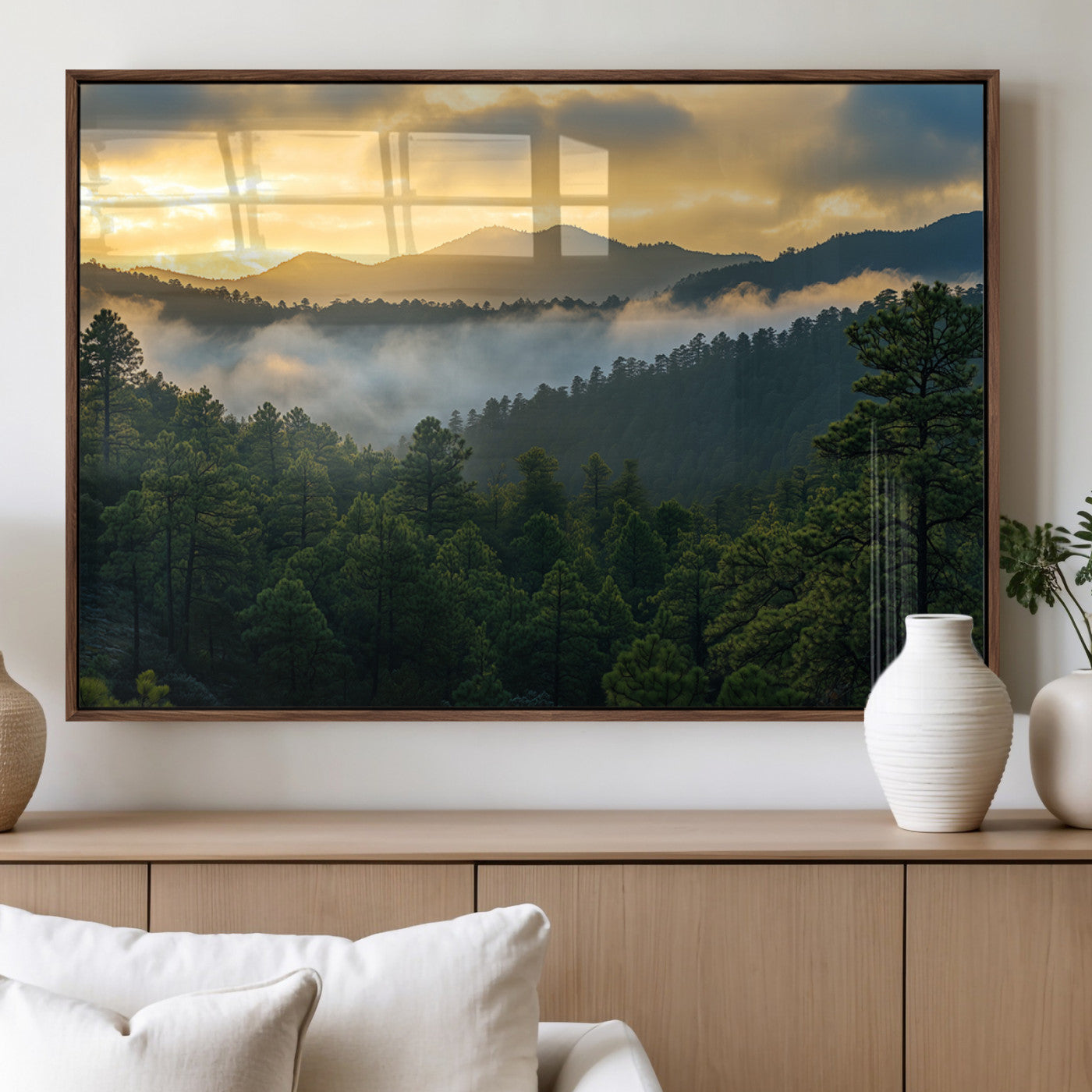 68082278-MGV-FP-36X24-3P_Walnut-Mountain Sunrise Wall Art Canvas Print, Framed Pine Forest Art Picture Print, Misty Mountains Perfect Earthy Woodland Decor
