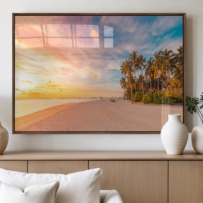 41542880-MGV-FP-36X24-3P_Walnut-Tropical Beach Wall Art Canvas Print, Framed Palm Trees Art Picture Print, Sunset Shore Perfect Tropical Coastal Decor Artwork