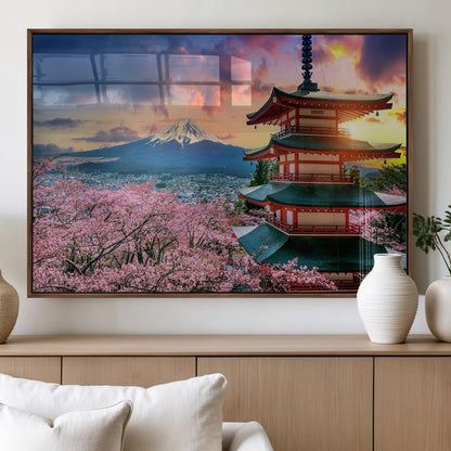 32331262-MGV-FP-36X24-3P_Walnut-Mount Fuji Japan Wall Art – Cherry Blossom Landscape Canvas Print, Chureito Pagoda Sunset Photography, Japanese Nature Travel