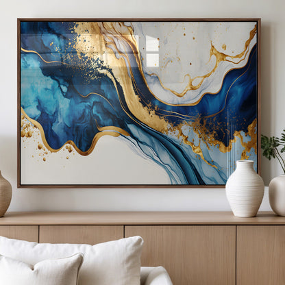 60283636-MGV-FP-36X24-3P_Walnut-Blue Gold Flow Wall Art Canvas Print, Framed Marble Texture Art Picture Print, Elegant Splash Perfect Elegant Abstract Decor