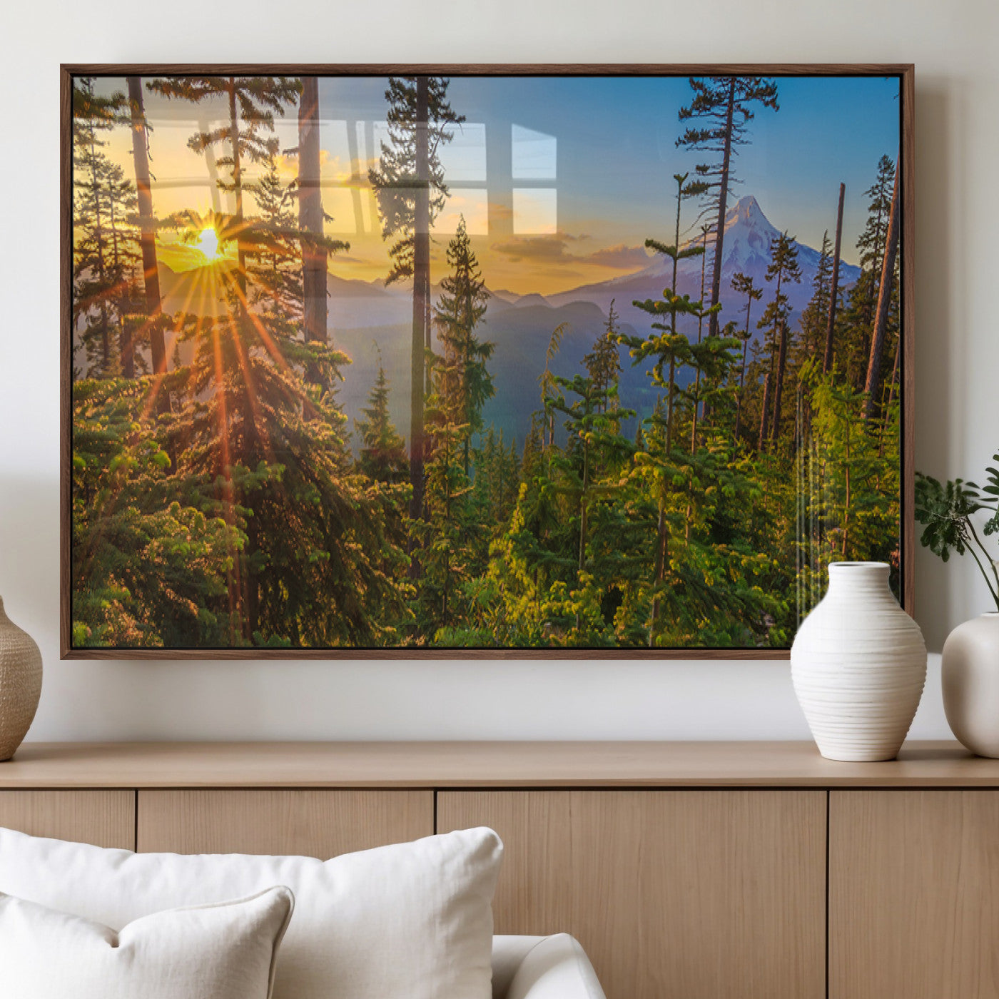 83544043-MGV-FP-36X24-3P_Walnut-Forest Sunset Wall Art Canvas Print, Framed Sunset Trees Art Picture Print, Green Pines Perfect Rustic Nature Decor Artwork