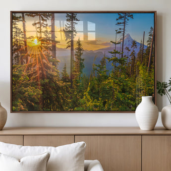 83544043-MGV-FP-36X24-3P_Walnut-Forest Sunset Wall Art Canvas Print, Framed Sunset Trees Art Picture Print, Green Pines Perfect Rustic Nature Decor Artwork