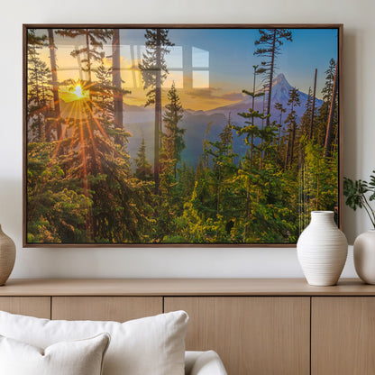 83544043-MGV-FP-36X24-3P_Walnut-Forest Sunset Wall Art Canvas Print, Framed Sunset Trees Art Picture Print, Green Pines Perfect Rustic Nature Decor Artwork