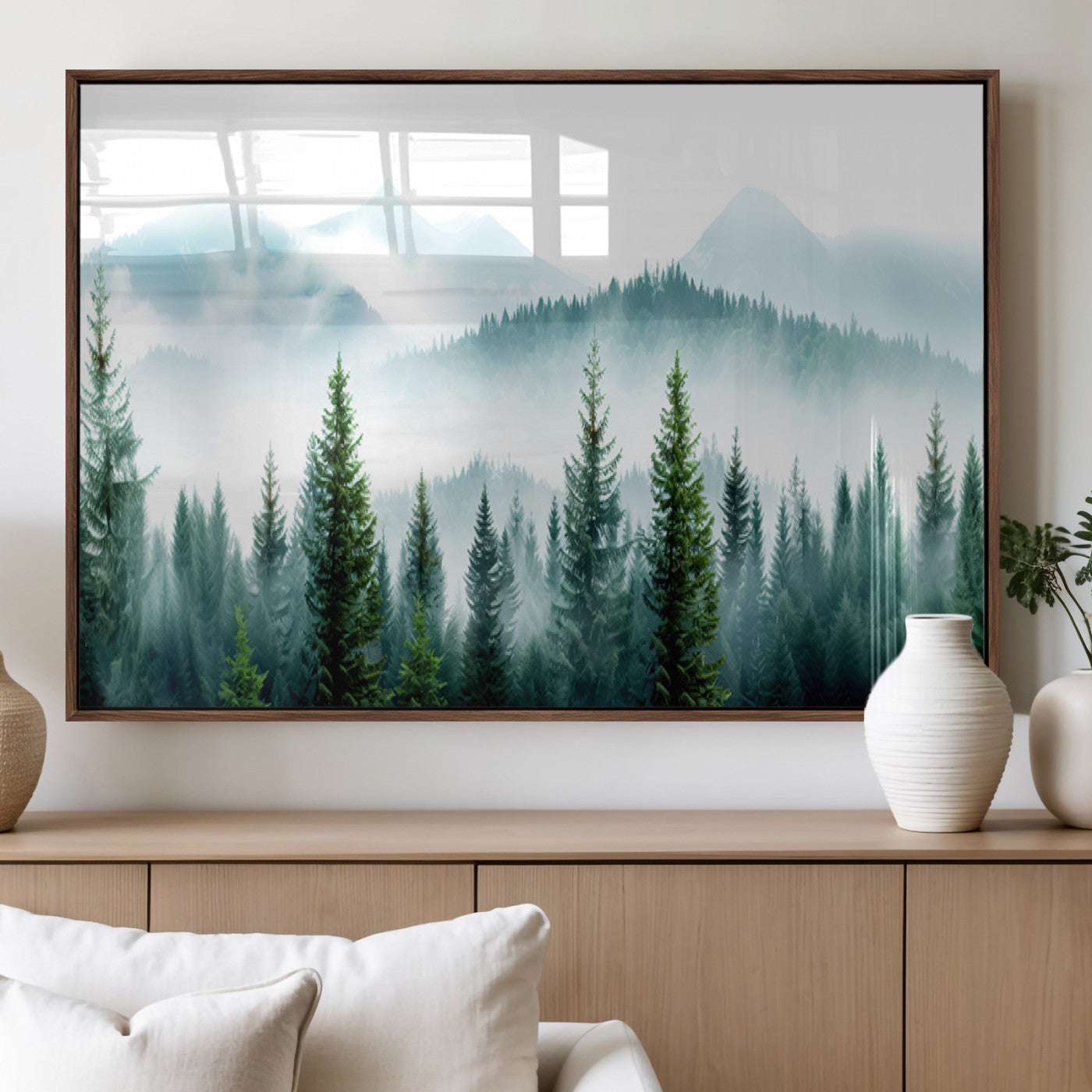 16716676-MGV-FP-36X24-3P_Walnut-Pine Forest Wall Art Canvas Print, Framed Misty Mountains Art Picture Print, Foggy Trees Perfect Moody Forest Decor Artwork